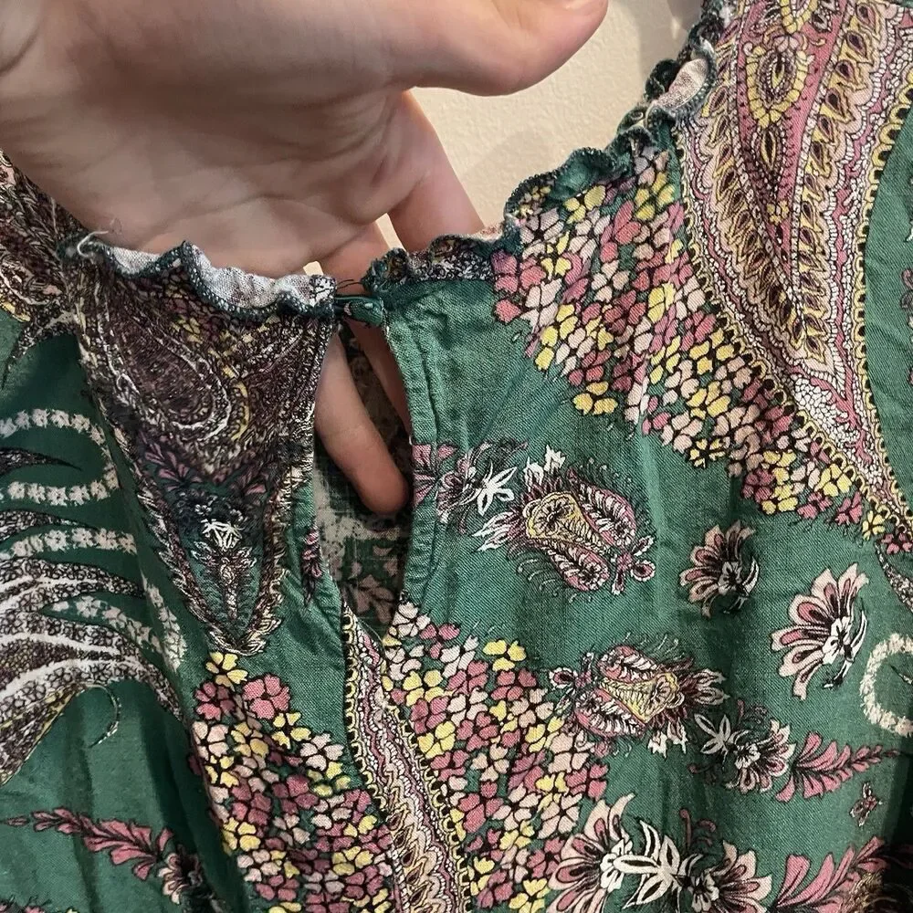 Wonderly Green Floral Women's Paisley Tiered Boho Top Sz 2X Tunic Dress Prairie